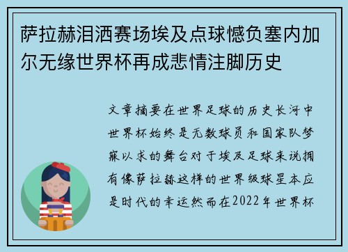 萨拉赫泪洒赛场埃及点球憾负塞内加尔无缘世界杯再成悲情注脚历史